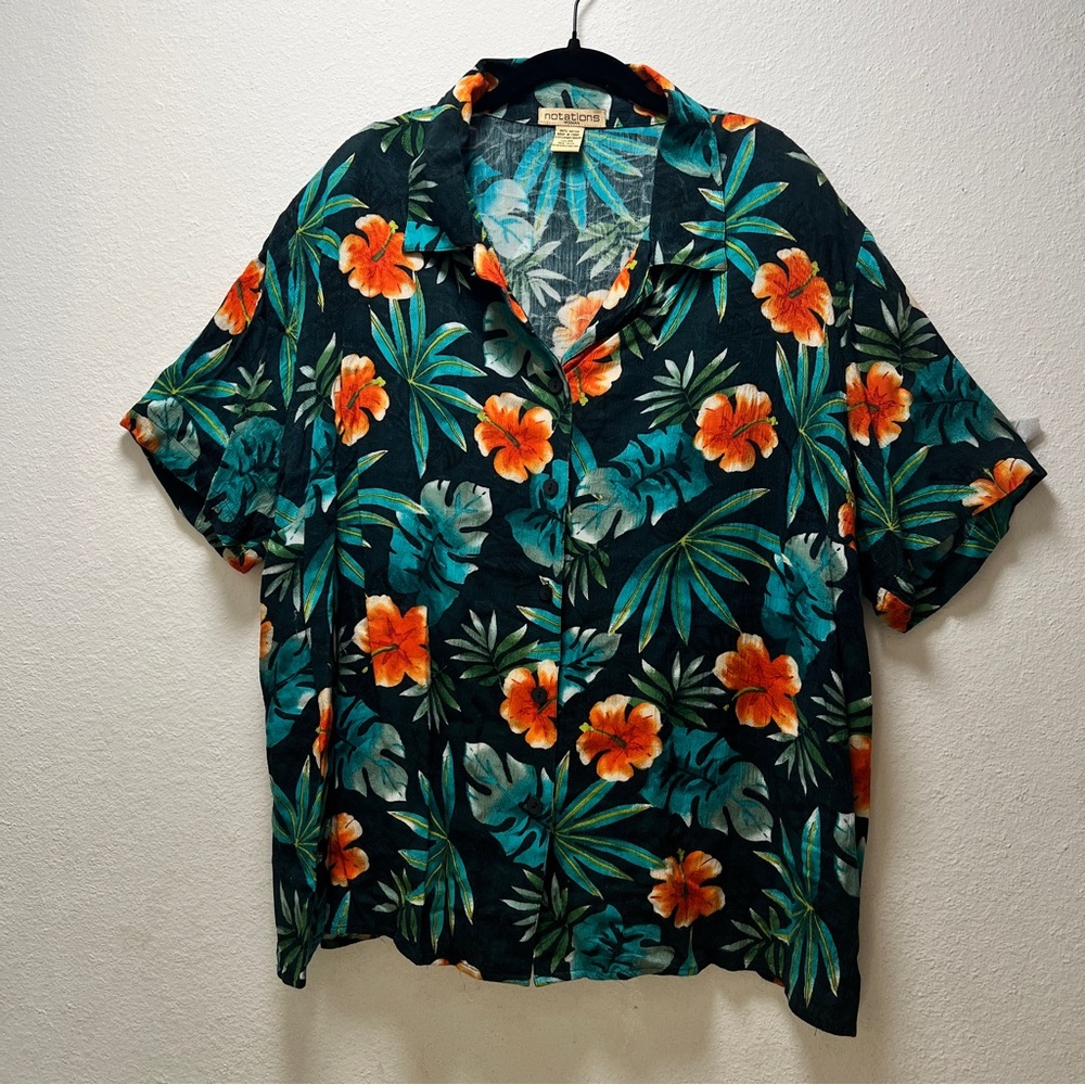 Hawaiian Notations Orange and Green Casual Button Down Shirt Vintage